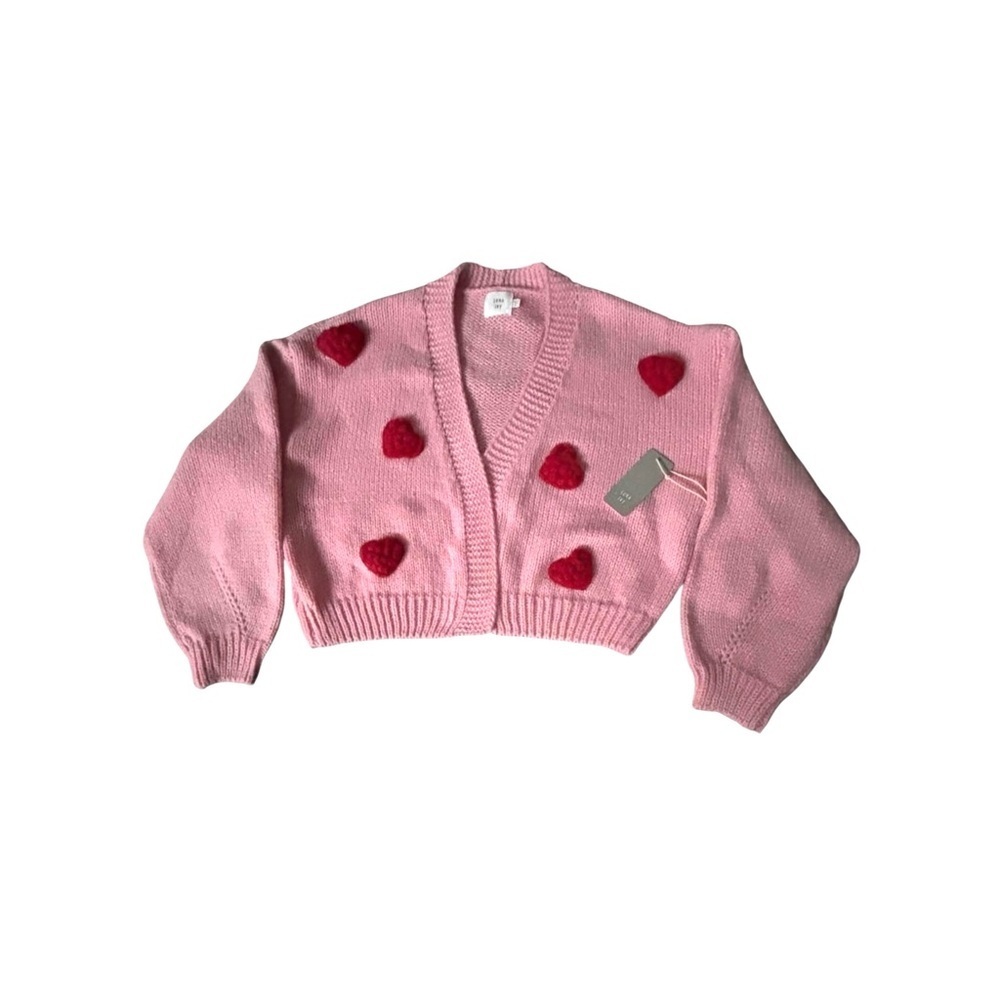 Luna Ivy Pink Heart Knit Cropped Cardigan Sweater NWT Size S